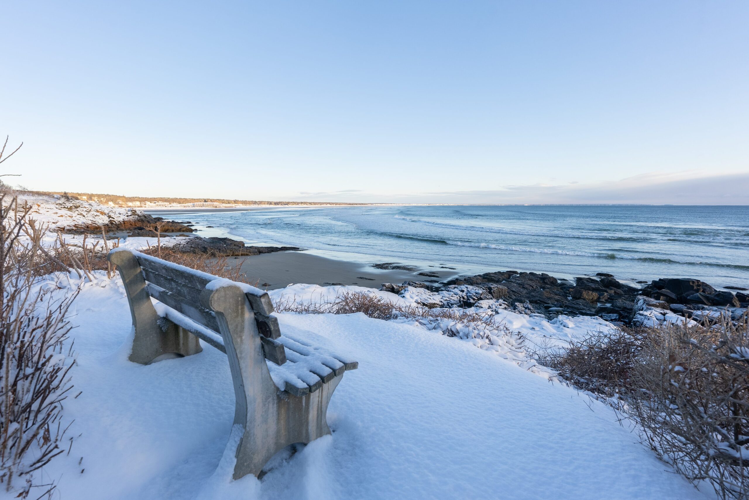 Marginal Way winter snow in Ogunquit Maine